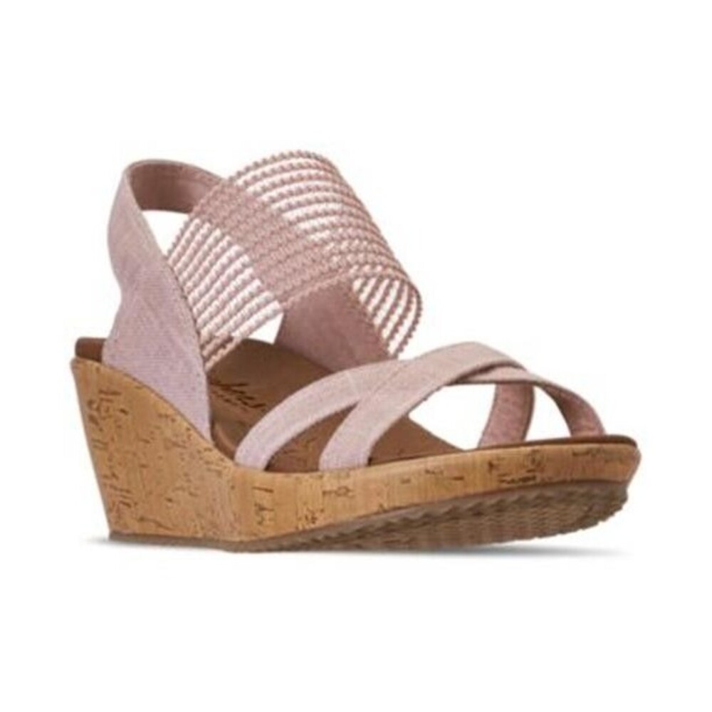 Skechers Luxe Foam Pink Metallic Beverlee High Tea Wedge Sandals Shoes Sz 10